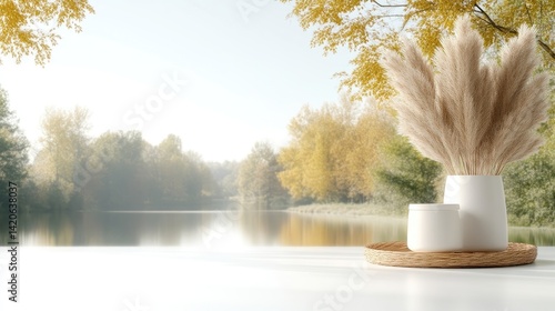 Autumnal riverside scene with decorative objects on a table