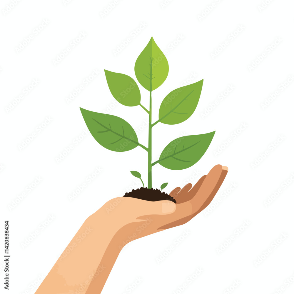 flat vector hand holding young plant with three leaves flat vector hand holding young plant with three leaves