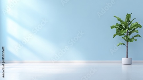 Light-filled, minimalist room with a single plant