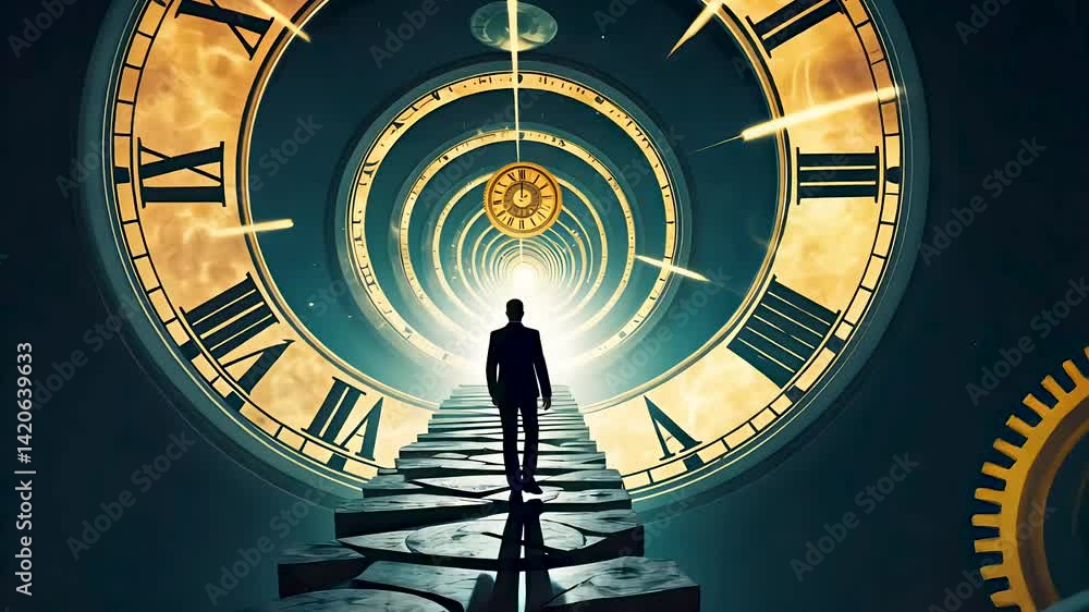 Man walking into giant spiral clock symbolizing abstract time travel concept