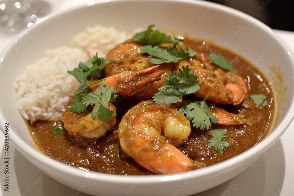 prawn curry served in a white bowl, showcasing roasted prawns in a flavorful sauce, garnished with cilantro and accompanied by a lime wedge prawn curry served in a white bowl, showcasing roasted prawns in a flavorful sauce, garnished with cilantro and accompanied by a lime wedge