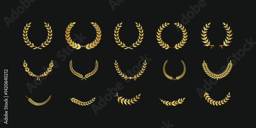 Set of golden circular laurel foliate, wheat and oak wreaths depicting an award, achievement, heraldry, nobility on white background. Emblem floral greek branch flat style - stock vector.
