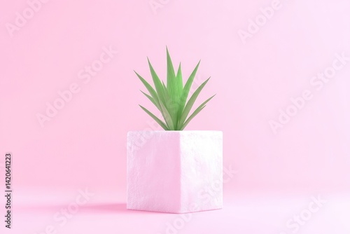 Minimalist succulent in a white cube pot on a pastel pink background. A small, vibrant succulent plant sits centered in a simple, textured white cube planter, against a soft, pastel pink backdrop.