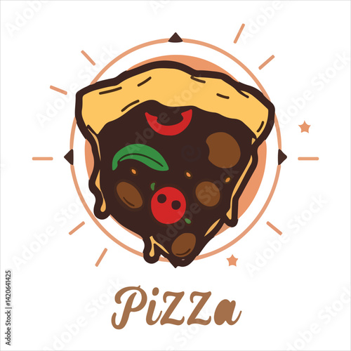 Pizza Slice Illustration. A colorful pizza slice with various toppings, suitable for food-related content and marketing.