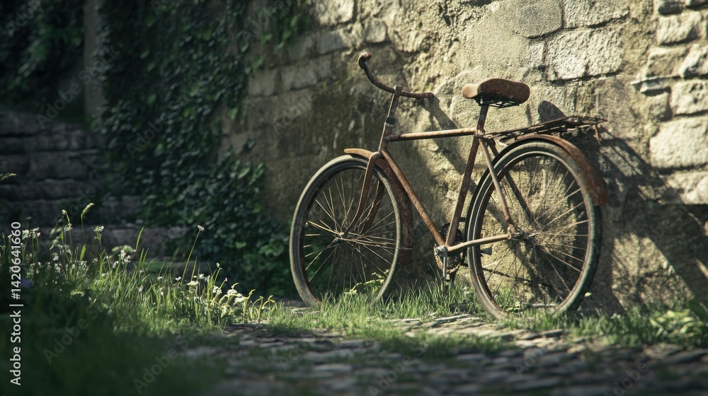 Fototapeta premium Retro bicycle parked near a stone wall, with grass growing through its rusted spokes