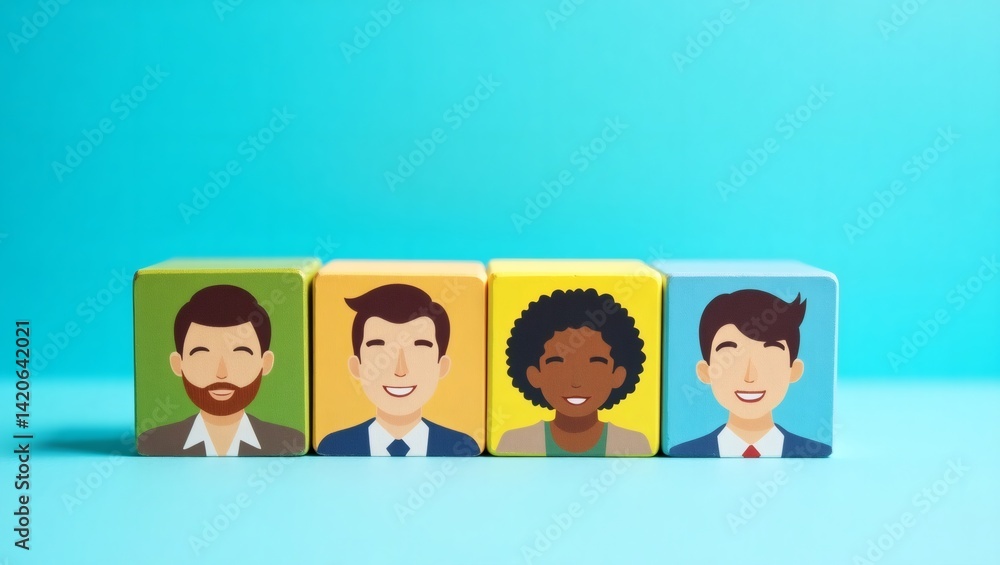 diverse illustrations of faces on cubes, representing a diverse workforce, promoting inclusion and unity. A modern representation of a professional, inclusive, and diverse team diverse illustrations of faces on cubes, representing a diverse workforce, promoting inclusion and unity. A modern representation of a professional, inclusive, and diverse team
