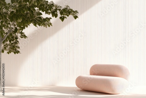 Minimalist, light-filled living area with a blush-colored, modern lounge chair and a small tree.  A serene, natural design, bathed in soft sunlight