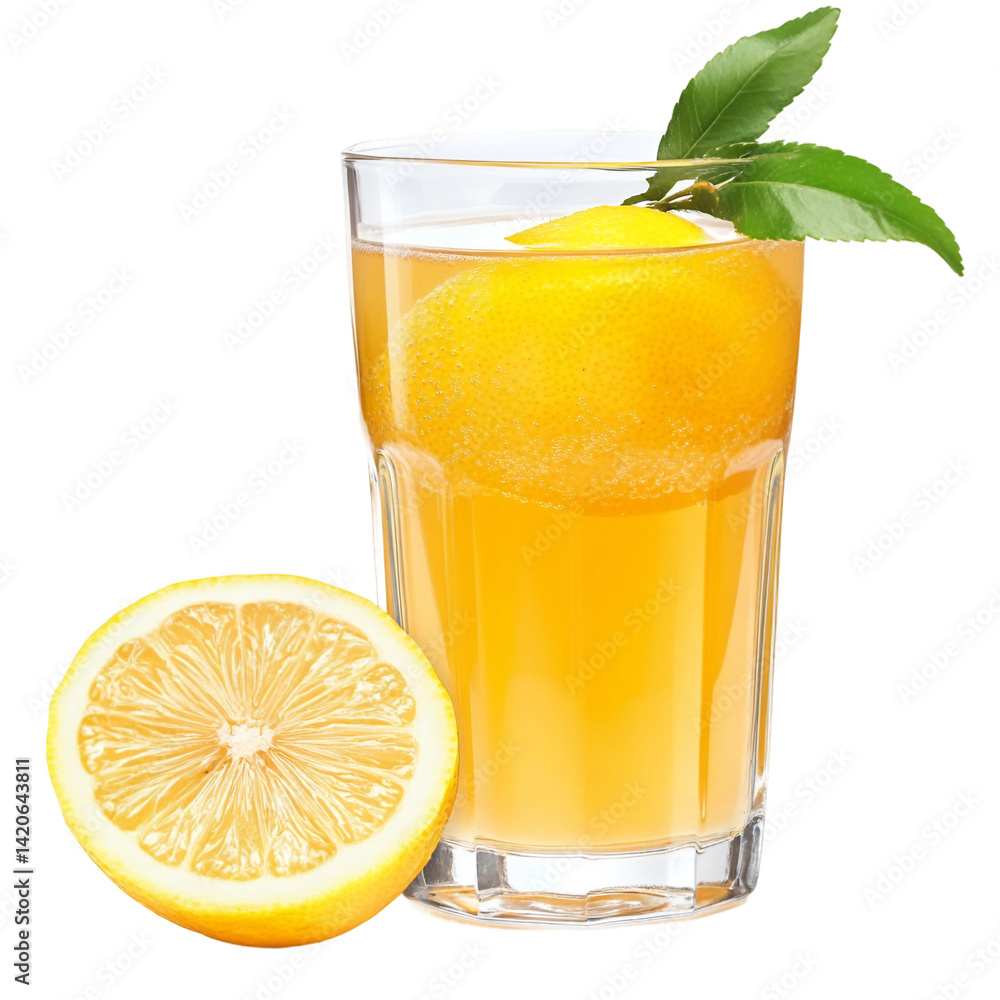 Apple juice with lemon in a glass Isolated on white and transparent background. Apple juice with lemon in a glass Isolated on white and transparent background.