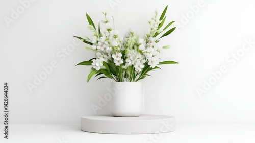 White flowers in a minimalist vase on a pedestal