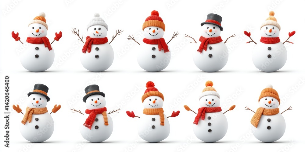Close-up of a snowman wearing multiple colorful hats and scarves against a snowy background in daylight. Close-up of a snowman wearing multiple colorful hats and scarves against a snowy background in daylight.