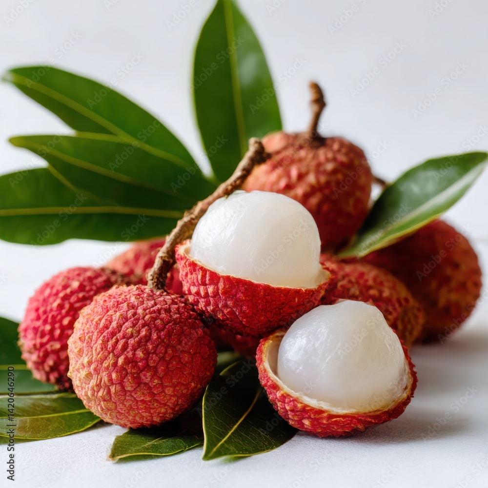 Fresh lychees with leaves still life on white background Fresh lychees with leaves still life on white background