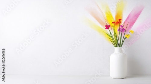 Wallpaper Mural A white vase holding colorful flowers casting vibrant shadows on a plain wall, minimalist interior setting with soft lighting, and floral arrangement concept. Torontodigital.ca