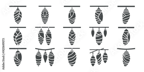 Butterfly cocoons hanging from branches in different shapes and stages of transformation shown in a simple black silhouette style