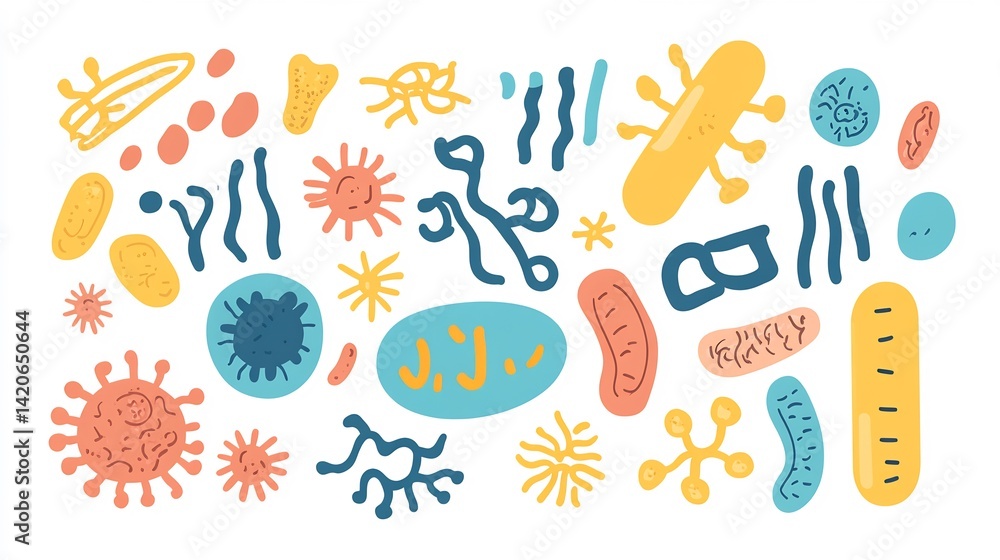 microbiology art of bacteria and viruses under microscope, stylized and vivid, crisp biological forms, clean design, no microbiology art of bacteria and viruses under microscope, stylized and vivid, crisp biological forms, clean design, no