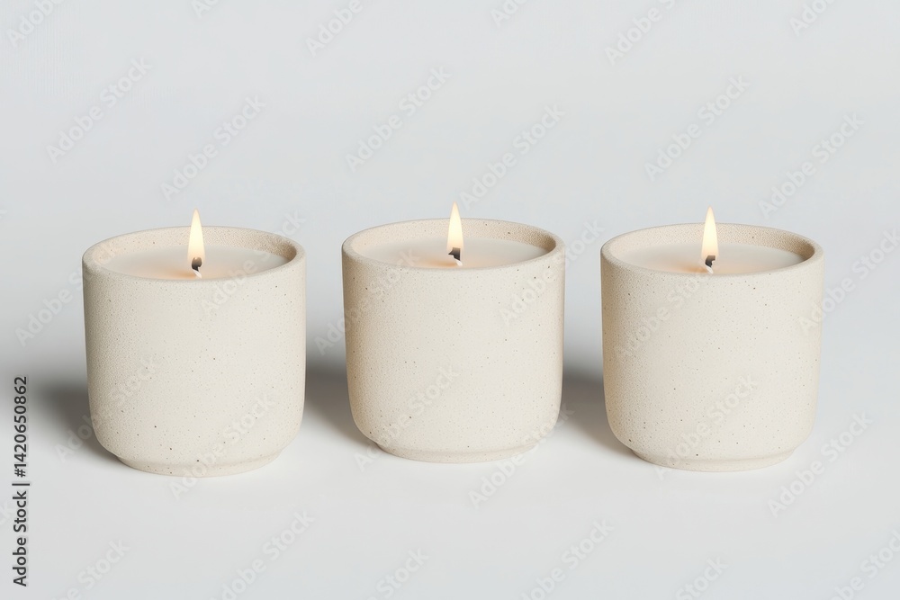 Three small, cream-colored candles, subtly speckled, burning brightly. Simple, elegant design Three small, cream-colored candles, subtly speckled, burning brightly. Simple, elegant design