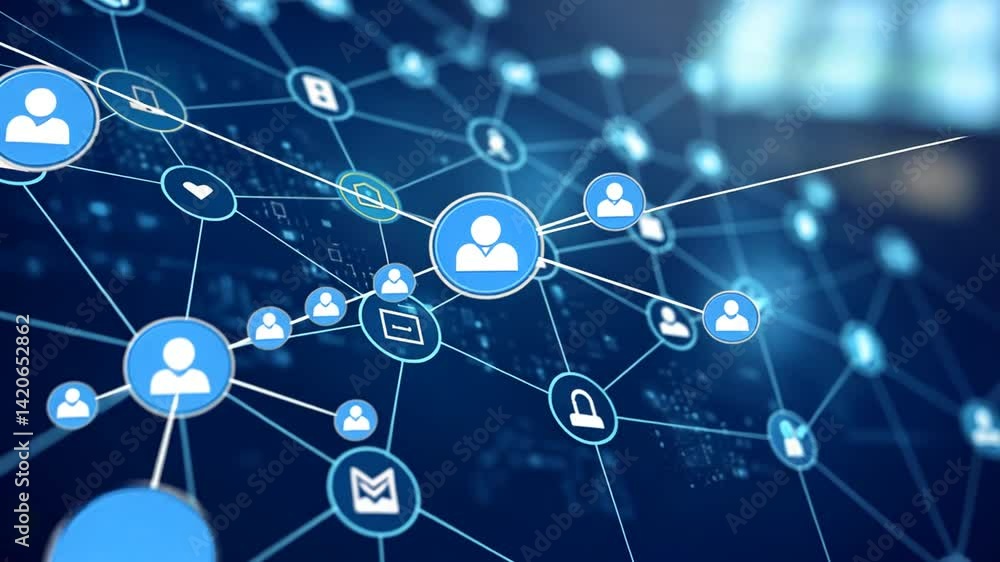 Digital network of interconnected nodes and icons, representing data flow Digital network of interconnected nodes and icons, representing data flow