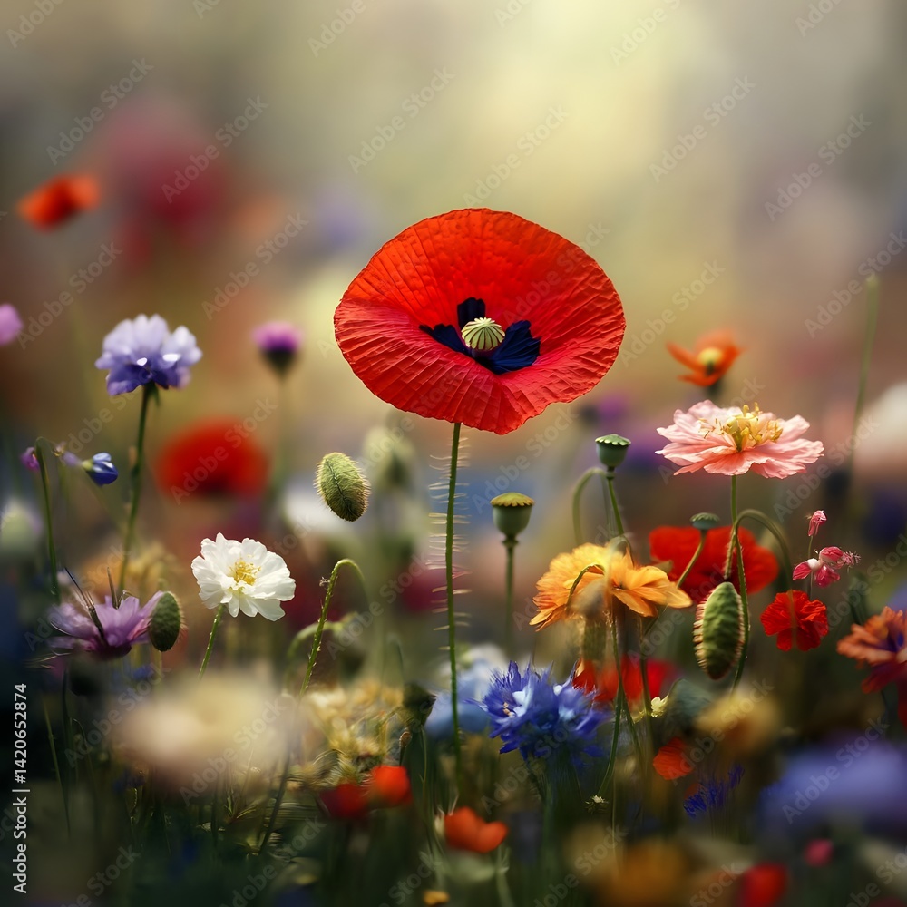 Vibrant Red Poppy in Summer Wildflower Meadow Vibrant Red Poppy in Summer Wildflower Meadow