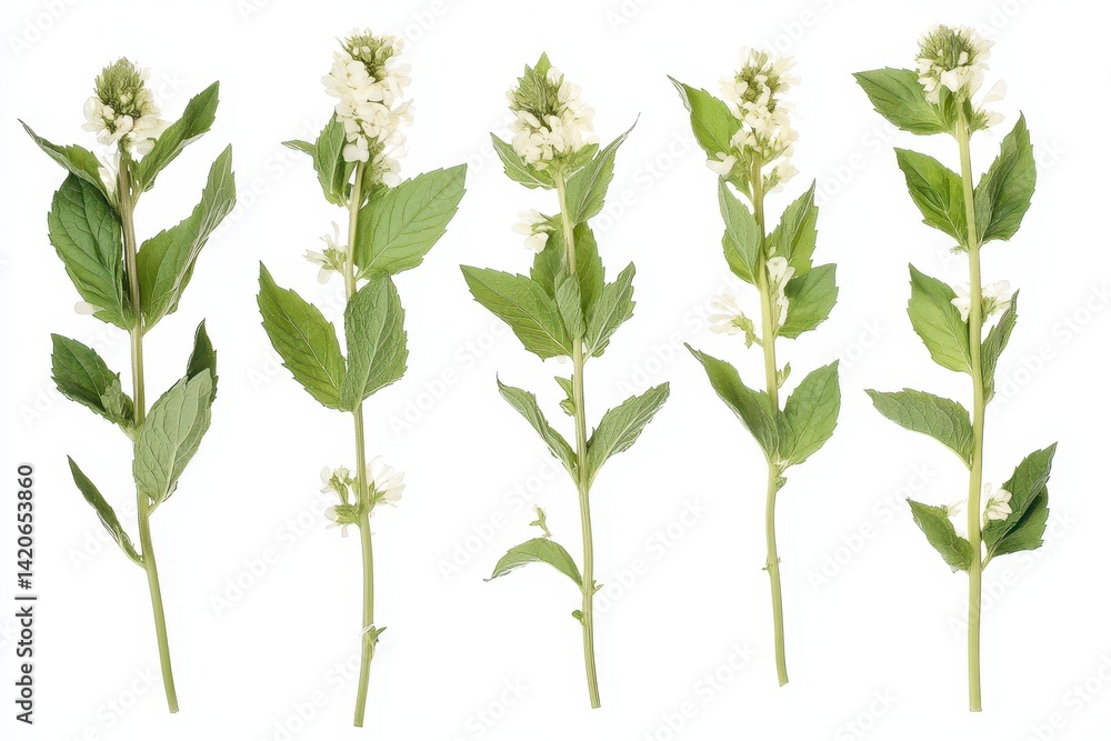 Fototapeta premium Close-up of delicate white flowers with green leaves. Five sprigs stand upright against a white background, displaying fresh, vibrant details