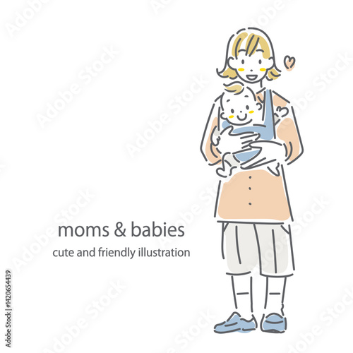 赤ちゃんと一緒にお出かけする若いお母さん　お洒落でかわいい線画イラスト
