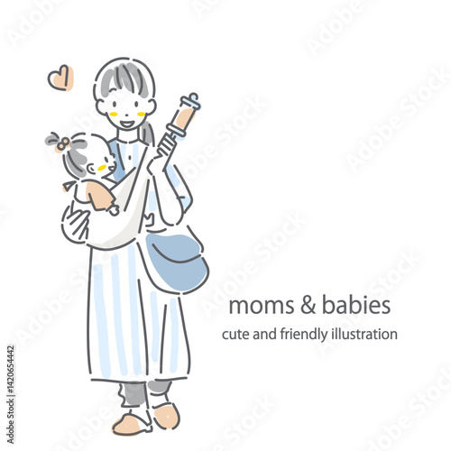 赤ちゃんと一緒にお出かけする若いお母さん　お洒落でかわいい線画イラスト