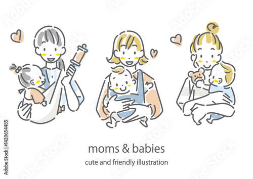 赤ちゃんを抱っこする若いお母さん　お洒落でかわいい手描き風線画イラスト