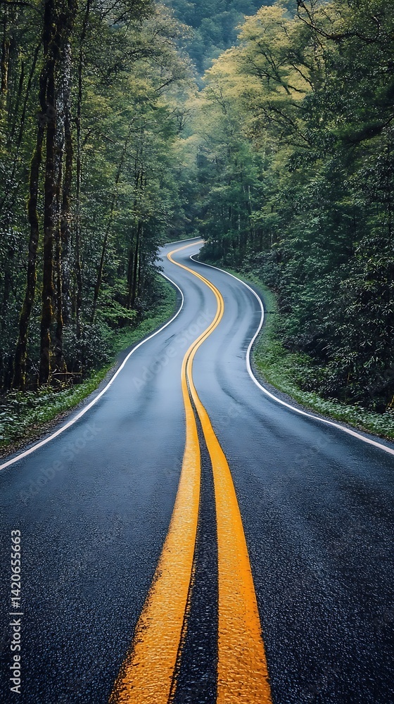 Fototapeta premium Winding Road Through Misty Forest