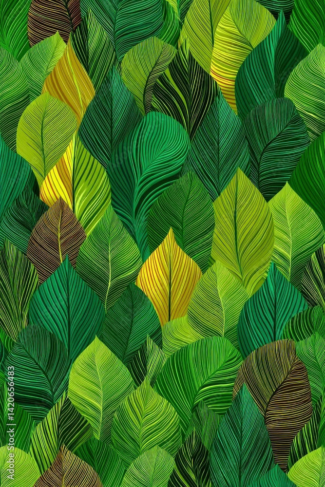 Obraz premium Lush Green Leaf Pattern: A Vibrant, Detailed Botanical Illustration