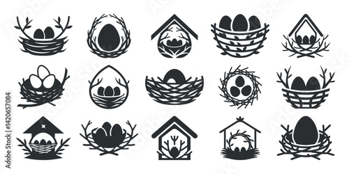 Bird nests with multiple eggs are shown in different shapes and styles arranged in a simple black silhouette illustration set