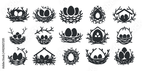 A collection of black and white bird nests holding eggs in different shapes and designs shown in a simple icon style