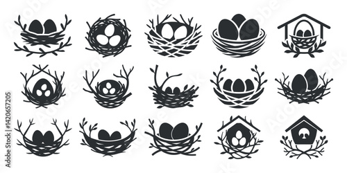 Bird nests with eggs are arranged in different shapes and styles made of twigs and branches in black silhouette design
