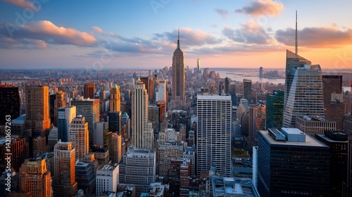 Aerial view of New York City skyline at sunset