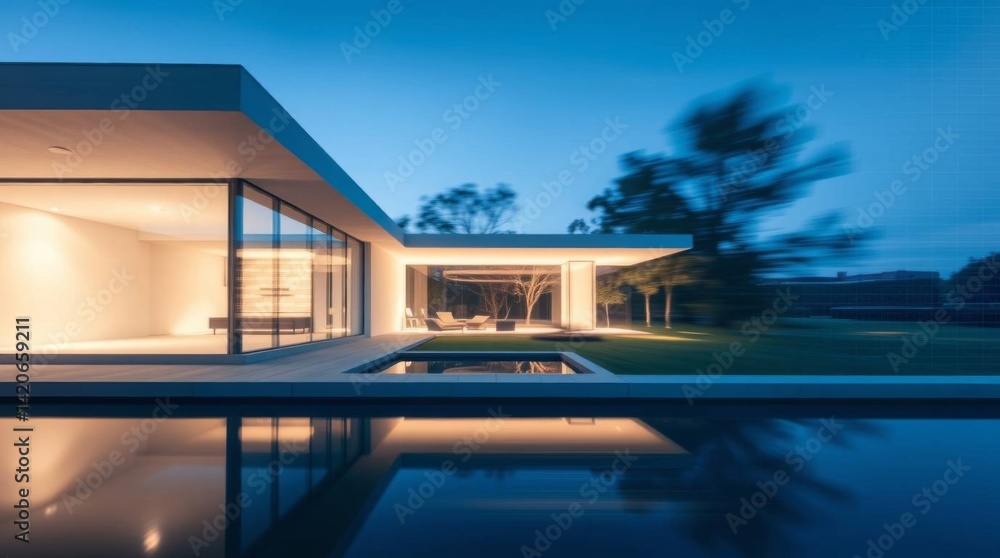 Obraz premium Modern house with minimalist design and pool reflecting twilight sky view