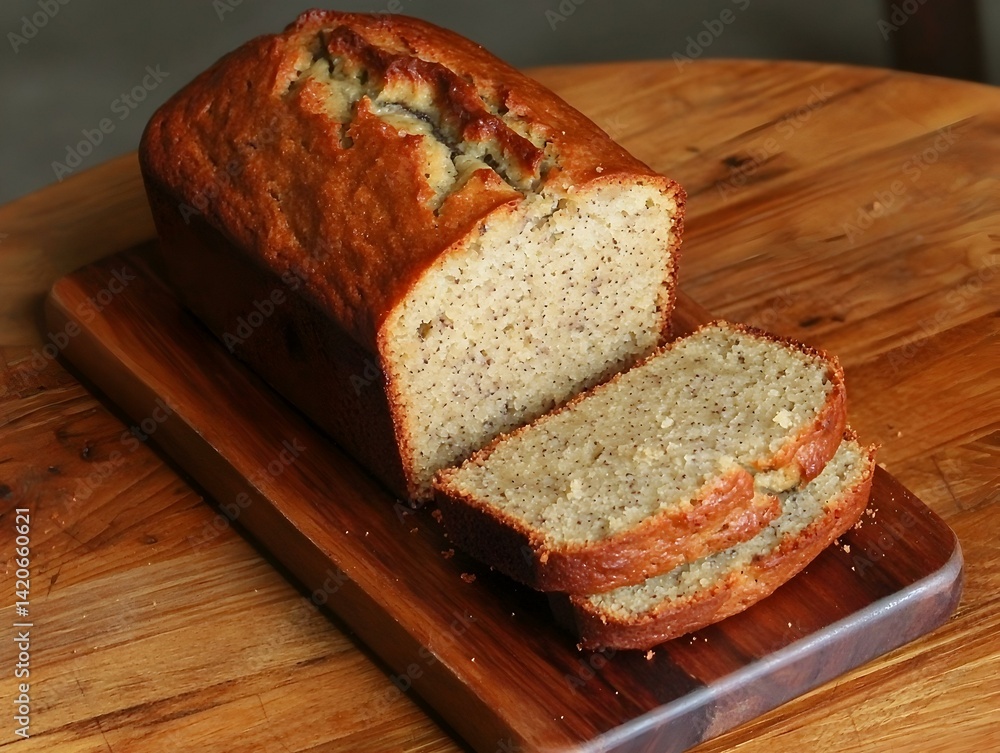 Delicious homemade banana bread loaf sliced on a rustic wooden board. Perfect for breakfast or snack. Delicious homemade banana bread loaf sliced on a rustic wooden board. Perfect for breakfast or snack.