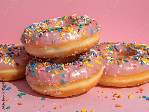 Delicious pink donuts with colorful sprinkles, stacked on a pink background. Perfect for food blogs, websites, or marketing materials.