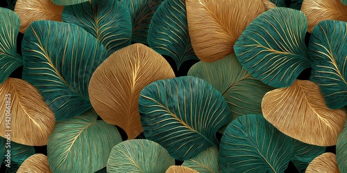 Elegant Gold and Teal Leaf Pattern: A Luxurious Botanical Art Print