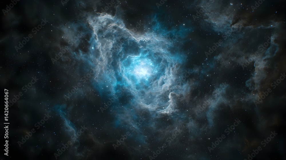 Fototapeta premium Stunning cosmic nebula with vibrant blue hues and scattered stars. Perfect for backgrounds, astronomy, or space-themed projects.