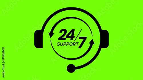 24/7 Customer Support icon Animation with Headset and Arrows on Green Screen Background, Looping Call Center Service Graphic for Tech Helpdesk, Live Chat Assistance, Round the Clock Online Support