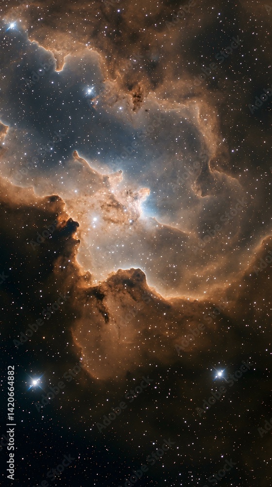 Fototapeta premium Stunning cosmic nebula, vibrant orange and brown hues, glittering stars, deep space exploration, celestial beauty. Image name Celestial Nebula.