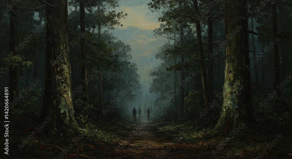 Mysterious Figures Walking Path in Dark Winter Forest Mysterious Figures Walking Path in Dark Winter Forest