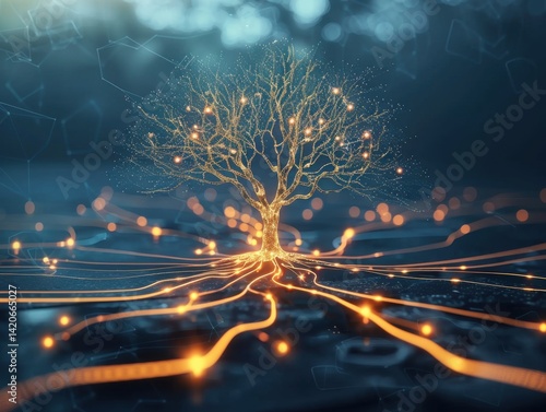 Holographic root cause analysis tree diagram, branches glow illuminating problem's path to core watermark.