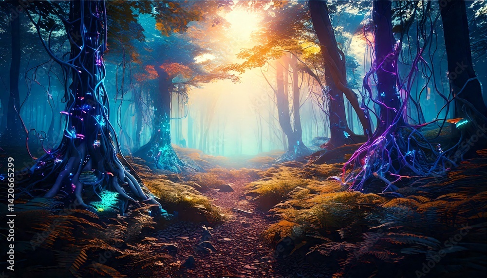 Obraz premium Hologlow: Metallic Trees in a Prismatic Mist