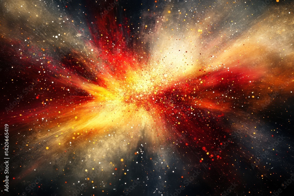 Fototapeta premium Cosmic explosion, vibrant colors, starburst effect. Vast space, nebula, fiery display