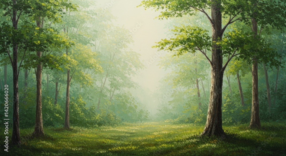 Fototapeta premium Serene Green Forest Path in Morning Mist