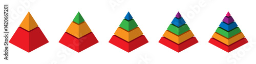 Pyramid diagram infographic set. Conceptual progression of pyramid. 2, 3, 4, 5, and 6 parts