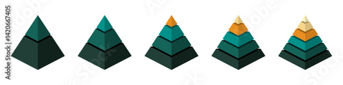 Pyramid diagram infographic set. Conceptual progression of pyramid. 2, 3, 4, 5, and 6 parts
