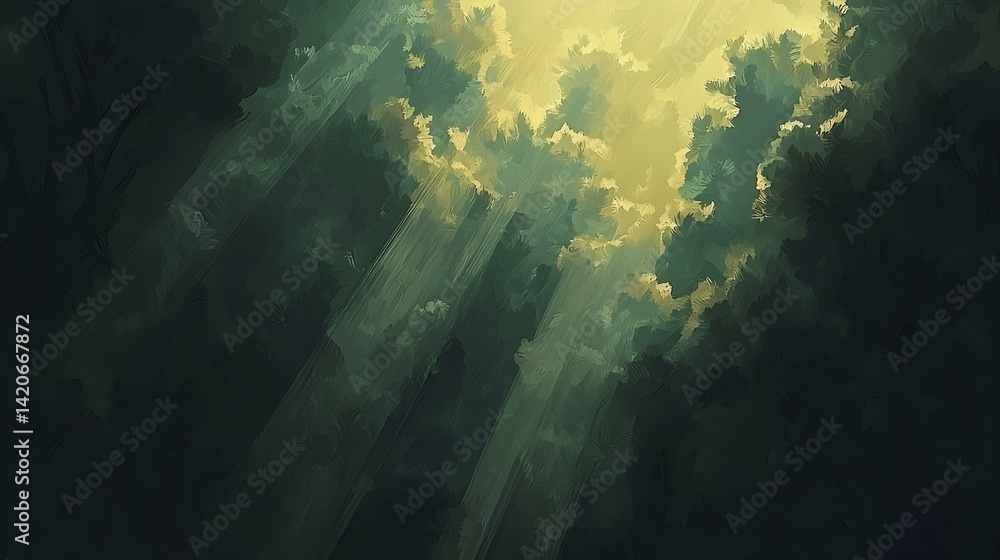 Obraz premium Sunbeams filtering through a dense forest canopy, creating a mystical, dreamlike atmosphere. Ideal for backgrounds, websites, and design projects.
