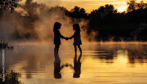 Silhouettes of two children shaking hands at sunrise, their elongated reflection stretching across the lake, mist rising like smoke off the water