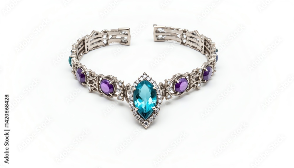 Stylish silver bracelet with colorful gems. Stylish silver bracelet with colorful gems.