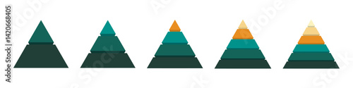 Colorful pyramid. Triangle diagram infographic set. Conceptual progression of pyramid. 2, 3, 4, 5, and 6 parts	