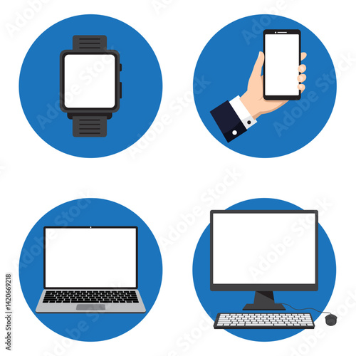 Set of electronic device. Smartwatch, smartphone, laptop, and desktop. Collcetion of modern gadget flat design vector illustration